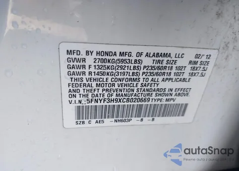 2012 Honda Pilot Touring z USA, uszkodzony, nr VIN 5FNYF3H9XCB020669